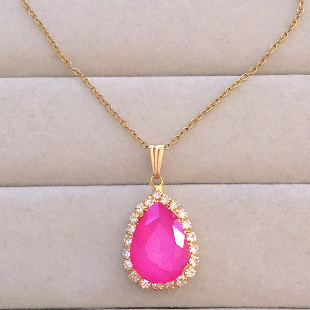 Hot Pink + Gold Crystal Halo Pear Drop Pendant Necklace - Picture 11 of 12